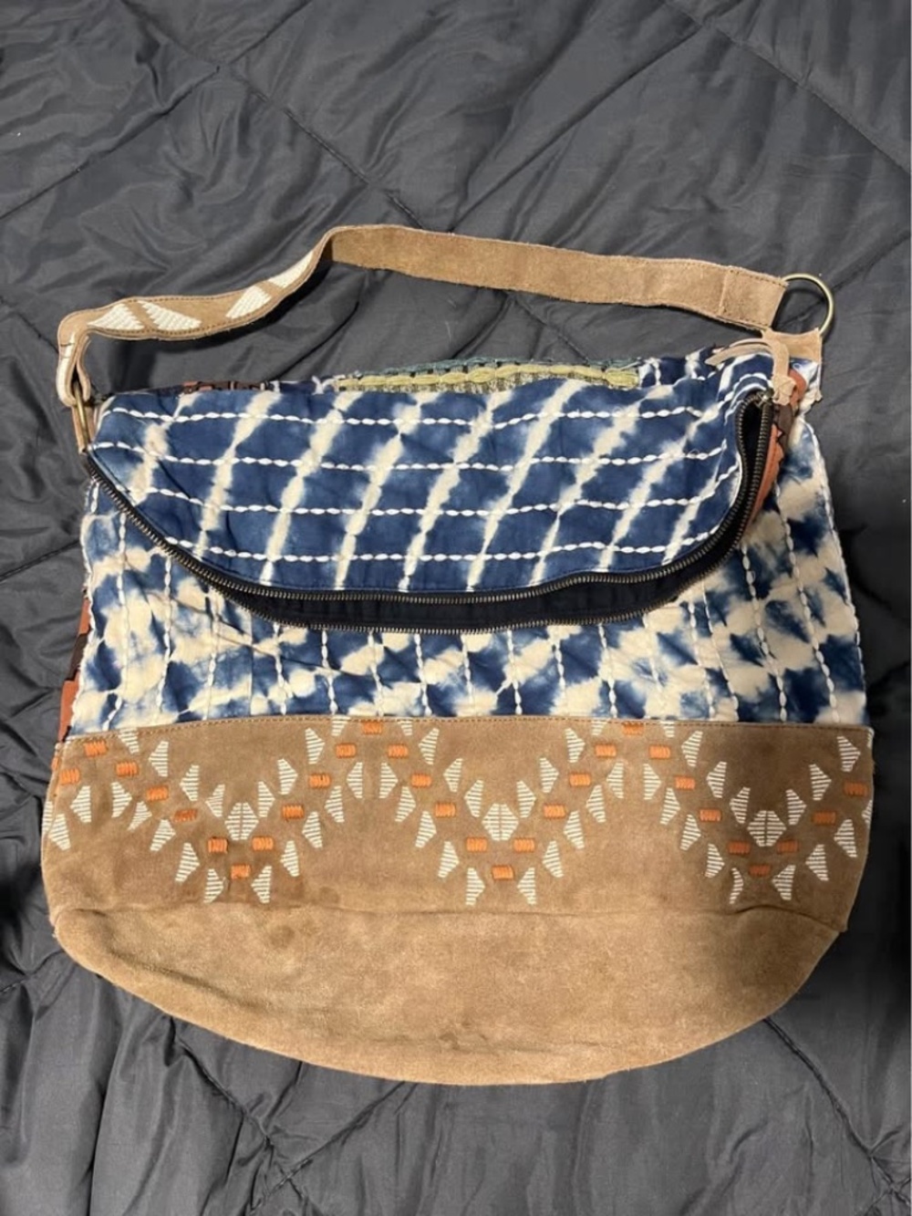Boho Patchwork Oversized Hobo Shoulder Bag Embroidered Suede
